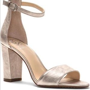 Vince Camuto Corlina Leather Ankle Strap Sandal In Rose/Silver Fabric 3.5” Heel